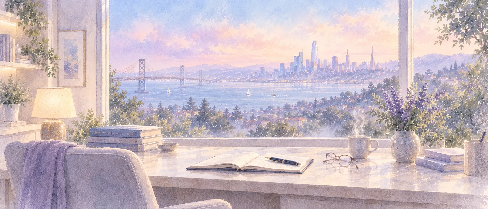 Watercolour of a writing desk by a window at dawn — an open journal, a pen and reading glasses, with the bay, Bay Bridge and San Francisco skyline beyond