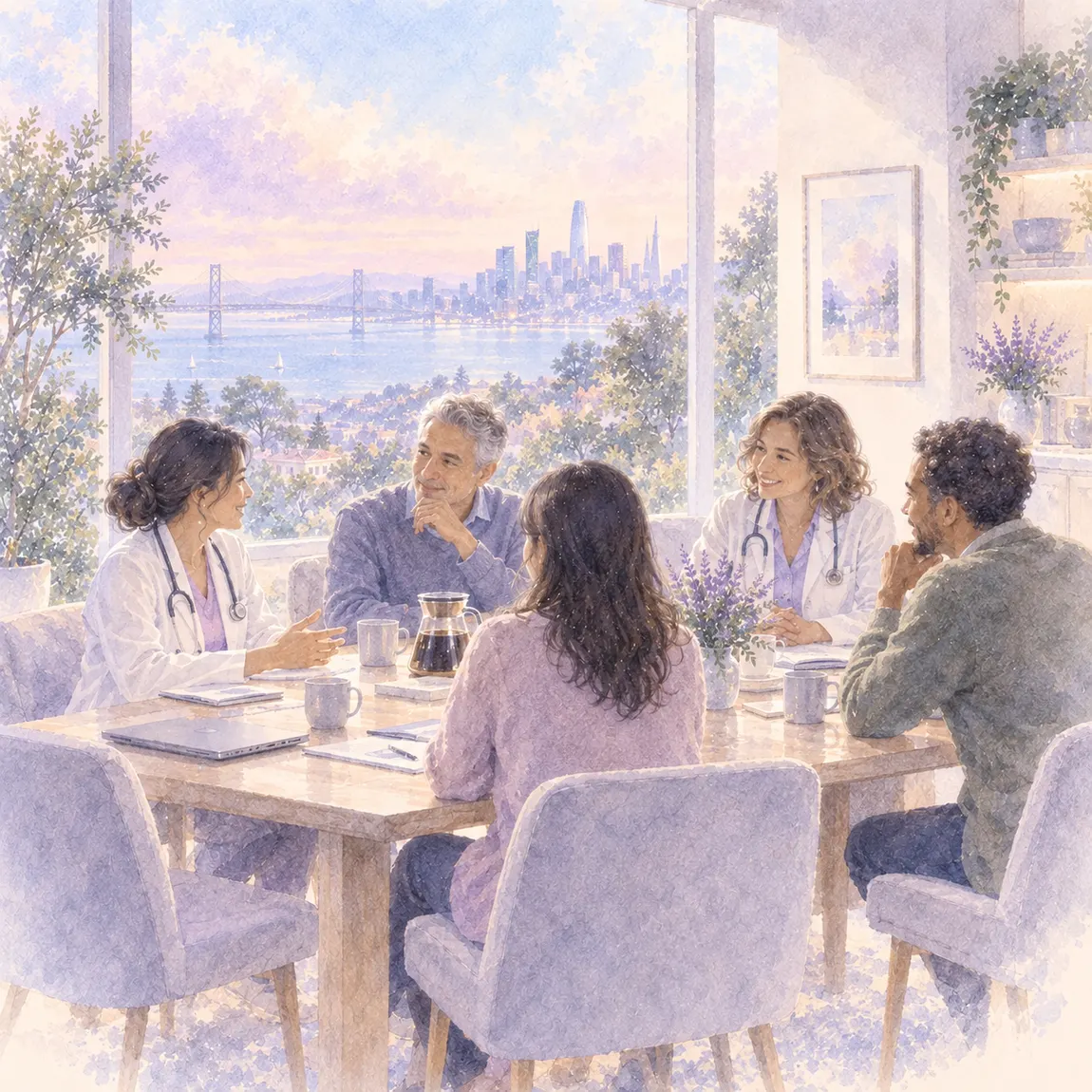 Watercolour of a small mixed team of clinicians and operators talking around a table, the bay and San Francisco skyline through the windows