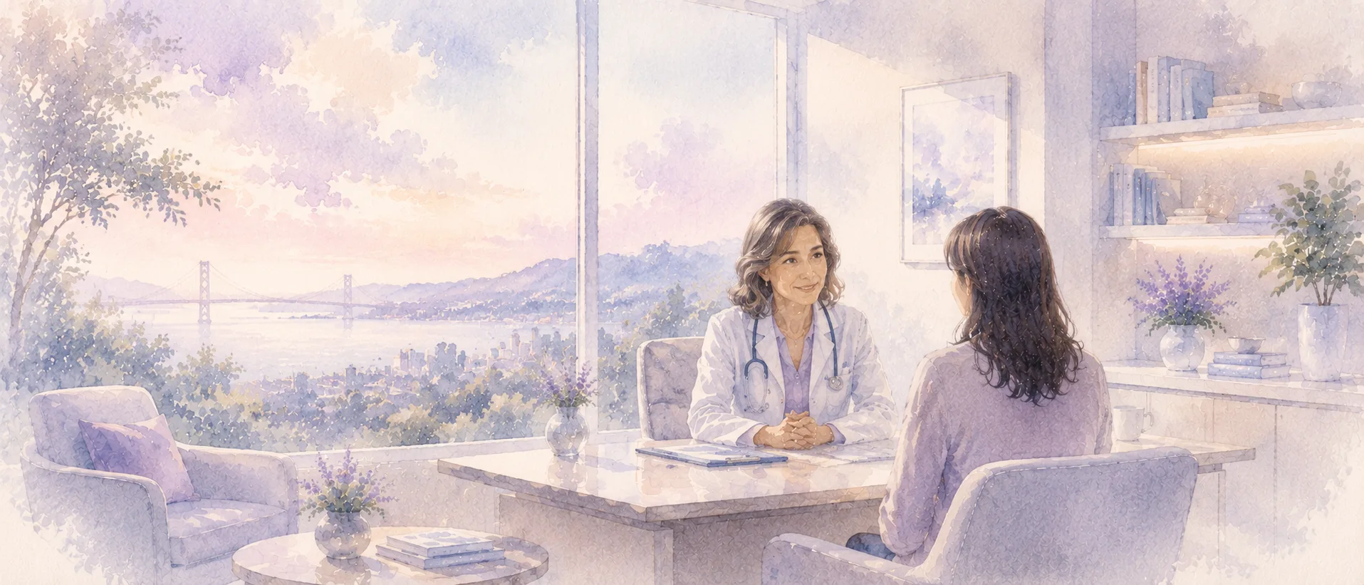 Watercolour of a physician and patient talking across a desk, with the Bay Bridge and San Francisco Bay through the window behind them