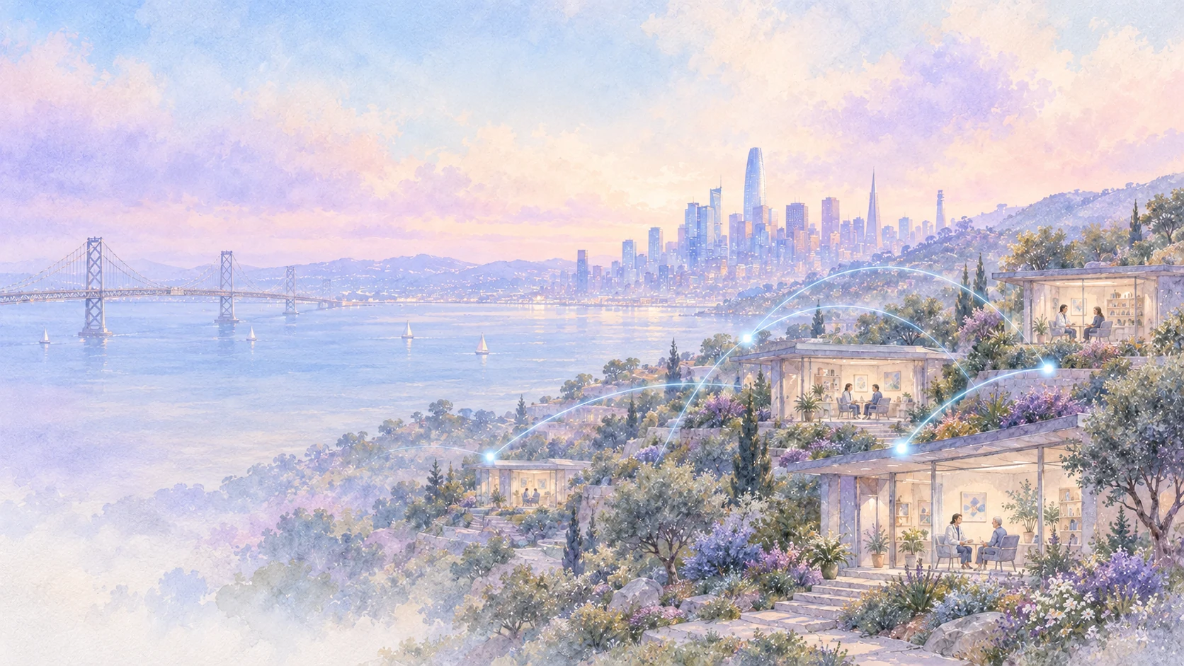 Watercolour of independent concierge practices across the Bay Area, with the San Francisco skyline and Bay Bridge beyond