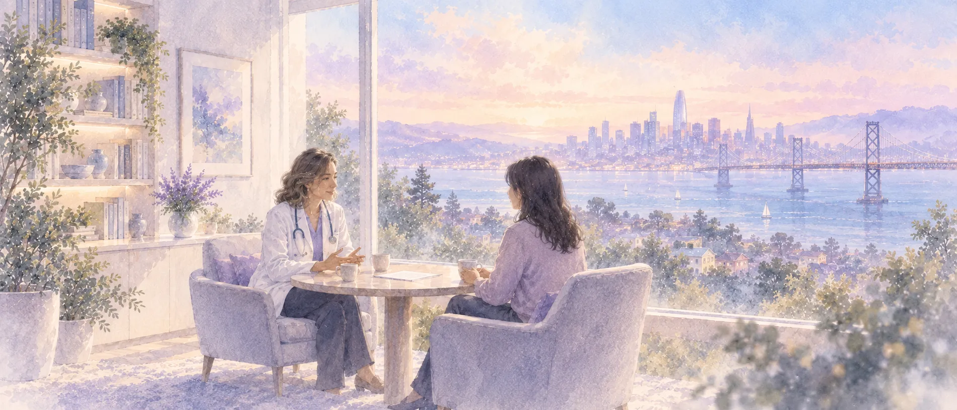 Watercolour of a physician and a visitor talking across a small table by a window, the bay, Bay Bridge and San Francisco skyline beyond