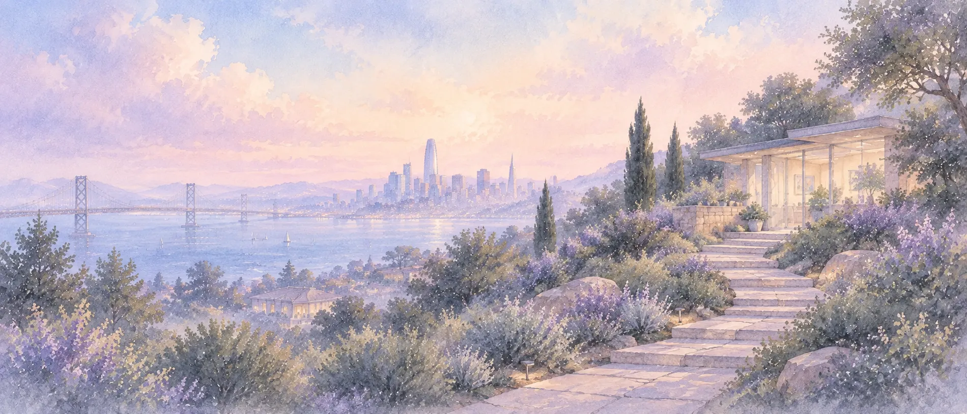 Watercolour of stone steps climbing a Bay Area hillside toward a glass-fronted concierge practice, the bay and San Francisco skyline beyond