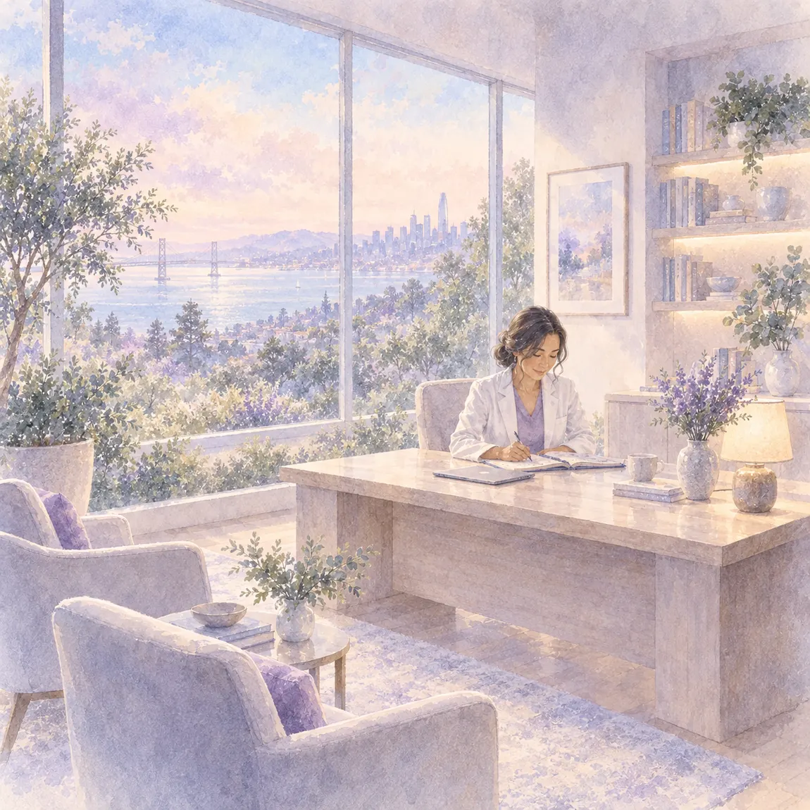 Watercolour of a physician working at a desk in a light-filled practice office, the bay and San Francisco skyline through tall windows